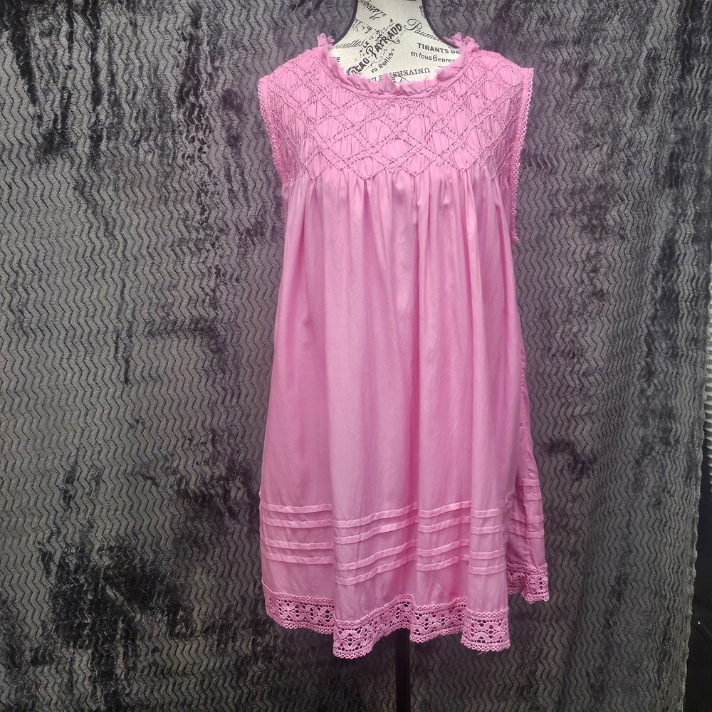 Free People Shea Mini Dress Sz M‎ Pink Lace Smocked Shift Beachy Coastal Boho